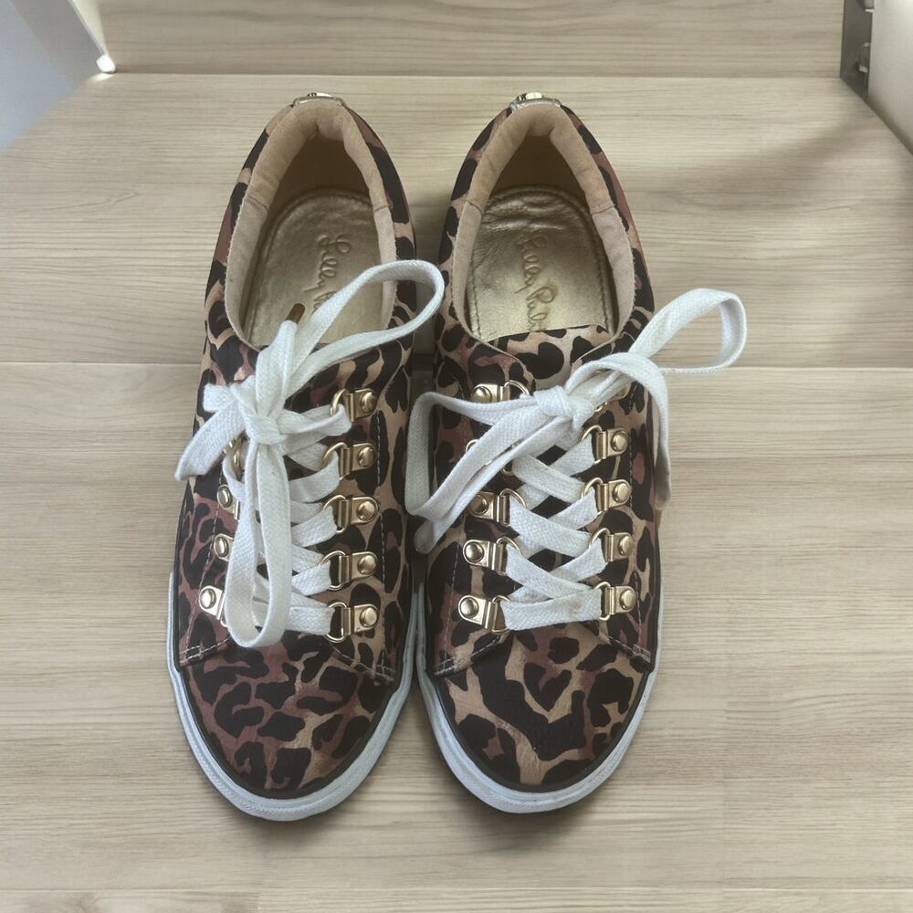 Lilly Pulitzer Leopard Print Sneakers with Gold Hardware and White Laces